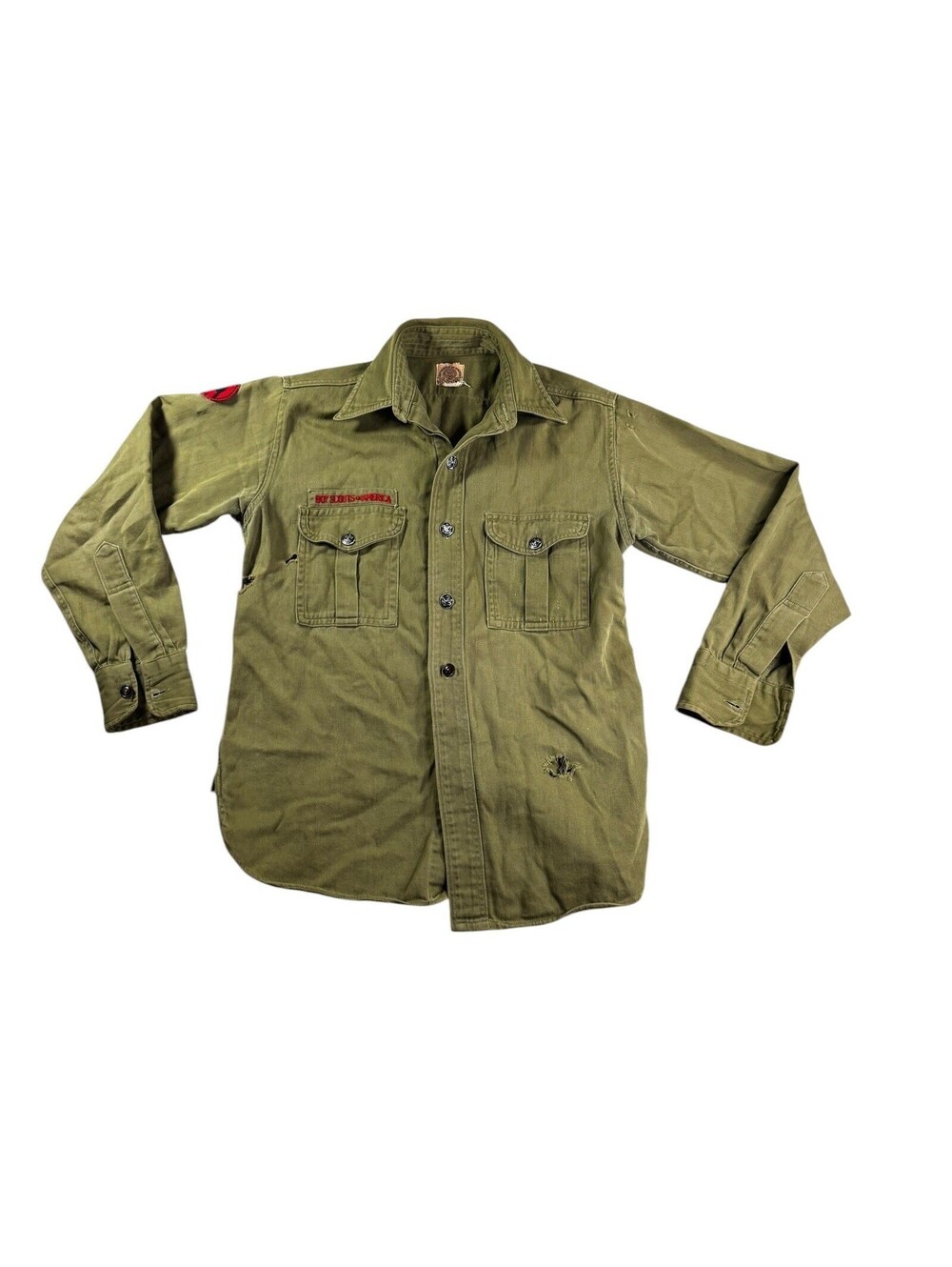 Vintage Boy Scouts of America Official Uniform Shirt Olive Green Distressed BSA